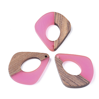 Resin & Walnut Wood Pendants, Two Tone, teardrop, Hot Pink, 32.5x27.5x2.5~4mm, Hole: 1.5mm
