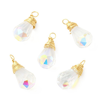 Rack Plating Brass with Glass Pendant, Cadmium Free & Lead Free, Long-Lasting Plated, Faceted Teardrop Charms, Clear AB, 19.5~21x9.5mm, Hole: 2.5~3mm