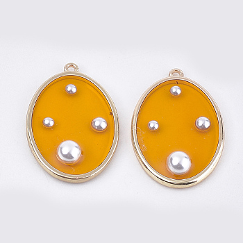 Alloy Pendants, with ABS Plastic Imitation Pearl and Epoxy Resin, Oval, Light Gold, Orange, 34x23x6mm, Hole: 1.6mm