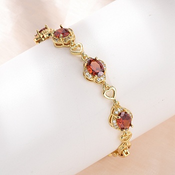 Heart & Oval Brass Micro Pave Cubic Zirconia Link Chain Bracelets for Women, Cadmium Free & Lead Free, Long-Lasting Plated, Rack Plating, Real 18K Gold Plated, FireBrick, 7.40 inch(18.8cm)