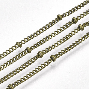 Brass Curb Chains, Satellite Chains, with Spool, Soldered, Antique Bronze, 2x1.5x0.4mm, about 49.21 Feet(15m)/roll