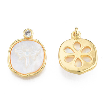 Natural Freshwater Shell Pendants, with Brass Pave Clear Cubic Zirconia Findings, Real 18K Gold Plated, Nickel Free, Oval Charm with Dragonfly, Creamy White, 20x15x5.5mm, Hole: 1.8mm