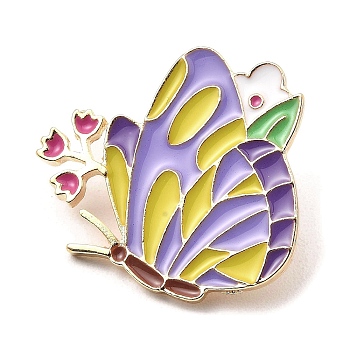 Golden Alloy Brooches, Butterfly Enamel Pins for Women, Lilac, 25.5x28x2mm