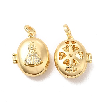 Eco-Friendly Rack Plating Brass Micro Pave Clear Cubic Zirconia Locket Pendants, Long-Lasting Plated, Lead Free & Cadmium Free, Oval with Saint, Real 18K Gold Plated, 26.5x18x11.5mm, Hole: 2mm, Inner Diameter: 19x14.5mm