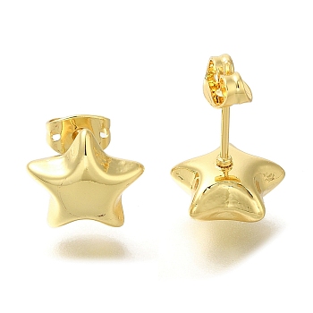 Rack Plating Brass Stud Earrring, Long-Lasting Plated, Cadmium Free & Lead Free, Star, Real 18K Gold Plated, 11x12mm