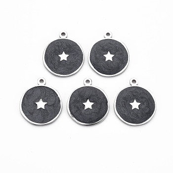 304 Stainless Steel Enamel Pendants, Stainless Steel Color, Flat Round with Star, Black, 17.5x15x1mm, Hole: 1.2mm