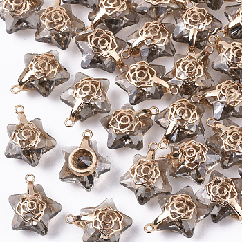 Glass Pendants, with Light Gold Plated Brass Ice Pick Pinch Bails, Faceted, Star with Rose, Light Grey, 16x13.5x7mm, Hole: 1.2mm