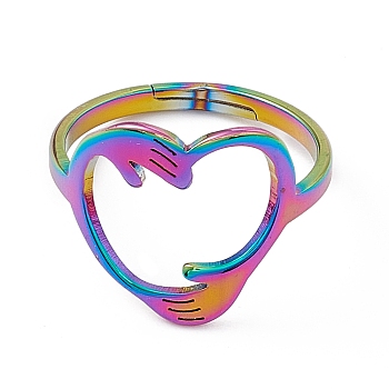 Ion Plating(IP) 201 Stainless Steel Hand Hug Heart Adjustable Ring for Women, Rainbow Color, US Size 6(16.5mm)