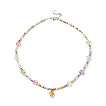Glass Seed Beaded Necklaces, Acrylic Star Pendant Necklaces for Women, Colorful, 17.36 inch(44.1cm)