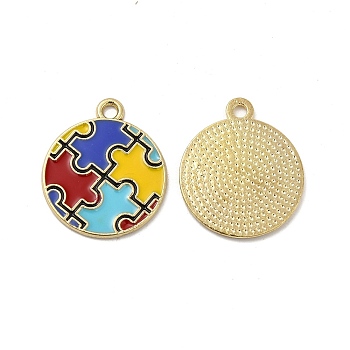 Alloy Enamel Pendants, Flat Round with Autism Puzzle Pattern Charm, Golden, Colorful, 23x20x1mm, Hole: 2mm