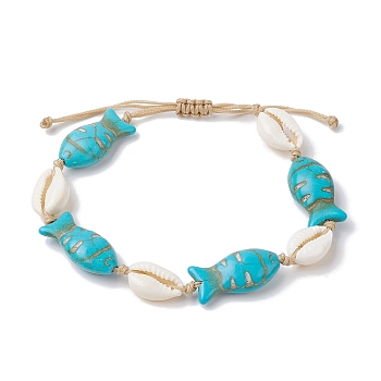 Natural Shell & Synthetic Turquoise Braided Bead Anklets, Fish, Inner Diameter: 1-7/8~3 inch(4.7~7.5cm), Fish: 22x12mm