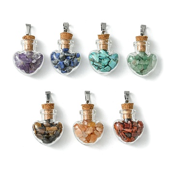 7Pcs 7 Styles Natural & Synthetic Mixed Stone Chip Heart Glass Wishing Bottle Pendants, Chakra Bottle Charms with Stainless Steel Color Tone 201 Stainless Steel Snap on Bails, 32.5x22x13mm, Hole: 8x4mm, 1pc/style
