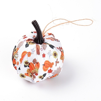 Cloth Pendant Decorations, with Hemp Rope & Foam Filled, Autumn Theme, Pumpkin with Pattern, Dark Orange, 110mm
