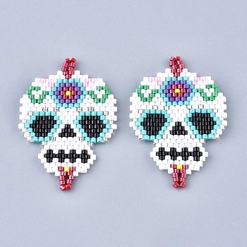 Handmade Seed Beads Links Connectors, with Elastic Thread, Loom Pattern, Sugar Skull, For Mexico Holiday Day of The Dead, Colorful, 41x29x1.5mm, Hole: 2mm