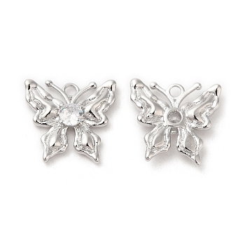 Brass with Glass Charms, Butterfly Charm, Real Platinum Plated, 13x14x3mm, Hole: 1.4mm
