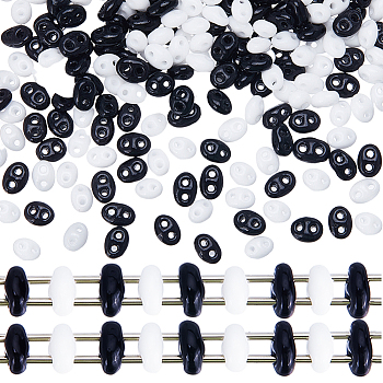 80G 2 Colors Opaque Luster Czech Glass Seed Beads, 2-Hole, Oval, Black and White, 5x3.5x2.5mm, Hole: 0.9mm, 40G/color
