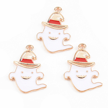 Light Gold Tone Alloy Enamel Pendants, Cadmium Free & Lead Free, Halloween, Ghost with Hat, White, 25x17.3x1.8mm, Hole: 1.5mm