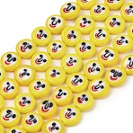 Handmade Lampwork Beads Strands, Flat Round with Clown, Yellow, 9.5~10x3.5mm, Hole: 0.8~1mm, about 38pcs/strand, 14.25''~14.41''(36.2~36.6cm)(LAMP-Z021-02)