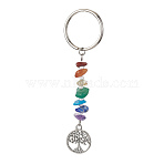 Chakra Natural Gemstone Chips Keychains, Alloy Tree of Life Pendant Keychains, Flat Round, 8.5cm, Pendant: 18x15x1.5mm(KEYC-JKC00550-01)