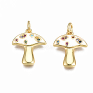 Autumn Theme Brass Micro Pave Cubic Zirconia Enamel Pendants, with Jump Rings, Nickel Free, Mushroom,Real 16K Gold Plated, White, 16.5x14x2mm, Jump Ring: 5x0.8mm, 3mm inner diameter(ZIRC-Q200-023F-NF)