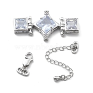 Brass & Cubic Zirconia & Glass Watch Band Clasps, with Chain Extender and Lobster Claw Clasps, Rhombus with Square, Clear, 21.5x43.5x6.5mm, Hole: 1.3mm(KK-G523-03P-01)