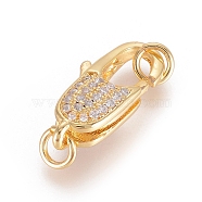 Brass Micro Pave Grade AAA Cubic Zirconia Lobster Claw Clasps, Lead Free & Nickel Free & Cadmium Free, Real 18K Gold Plated, 19x10x6mm, Hole: 3mm(X-ZIRC-P029-08G-NR)