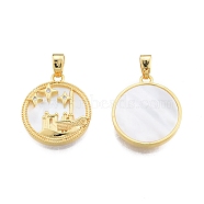 Synthetic White Shell Pendants, with Brass Pave Clear Cubic Zirconia Findings, Flat Round Charm with Star, Real 18K Gold Plated, 19x16.5x2.6mm, Hole: 4.8x2mm(KK-A165-17G)