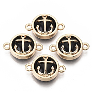 Glass Links connectors, with Light Gold Plated Alloy Findings, Flat Round with Anchor, Black, 13.5x19.5x5.5mm, Hole: 1.6mm(GLAA-T015-16A)