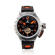 Stainless Steel Leather Wrist Watch, Mechanical Watches, Black & Orange, 265x20~24mm, Watch Head: 52x60x15mm(WACH-A002-11)