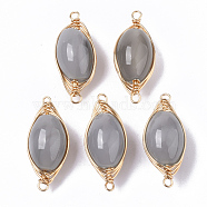 Natural Agate Links Connectors, Wire Wrapped Links, with Light Gold Tone Brass Wires, Oval, Silver, 21~22x9x7~8mm, Hole: 1~1.2mm(G-N326-18)