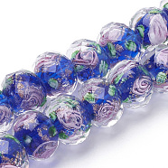 Handmade Gold Sand Lampwork Beads Strands, Inner Flower, Faceted Rondelle, Blue, 11~12x8~9mm, Hole: 1.6~2mm, about 45pcs/strand, 17.3 inch(LAMP-R141-12mm-01)