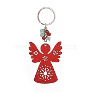 Dyed Poplar Wood Keychain, with Iron Keychain Findings, Natural Green Aventurine and Carnelian Beads, Angel, Red, 124mm(X-KEYC-JKC00205-04)