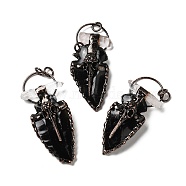 Natural Obsidian & Quartz Crystal Big Pendants, Triangle Charms, with Red Copper Plated Brass Findings, Cadmium Free & Lead Free, 76.5~82x34~36.5x18~18.5mm, Hole: 6mm(G-G019-14R-01)