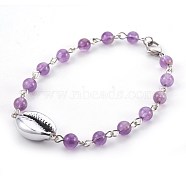 Natural Amethyst Beads Bracelets, with Electroplated Shell Beads, Cowrie Shells, 8-1/8 inch(20.5cm)(BJEW-JB03954-03)