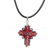 Transparent Electroplate Glass Pendant Necklaces, Seed Beads  Pendant Necklaces, Imitation Leather Cord, Cross, Red, 17.72 inch(45cm)(NJEW-MZ00040-01)