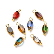 Electroplate Glass Pendants, AB Color Plated, with Brass Findings, Golden, Oval, Mixed Color, 11x4.5x3mm, Hole: 2mm(PALLOY-JF00895)