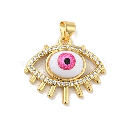 Brass Micro Pave Cubic Zirconia Pendants, with Enamel, Cadmium Free & Lead Free, Long-Lasting Plated, Evil Eye, Real 18K Gold Plated, Deep Pink, 20x24x6.5mm, Hole: 4x3.5mm(KK-B059-41G-C)