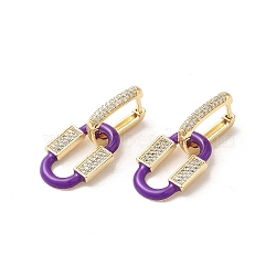 Oval Real 18K Gold Plated Brass Dangle Hoop Earrings, with Cubic Zirconia and Enamel, Purple, 32.5x15mm(EJEW-L268-041G-05)