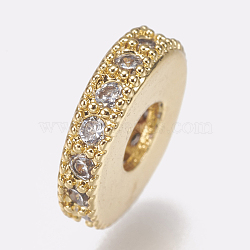 Brass Micro Pave Cubic Zirconia Bead Spacers, Flat Round, Clear, Golden, 8x2mm, Hole: 3mm(X-ZIRC-K074-11A-01G)