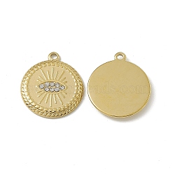 PVD Vacuum Plating 201 Stainless Steel Pendants, Crystal Rhinestone Flat Round with Eye Pattern Charm, Real 18K Gold Plated, 17x15x1.5mm, Hole: 1.4mm(STAS-J401-VC565)