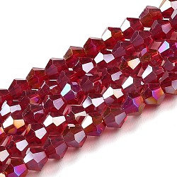 Transparent Electroplate Glass Beads Strands, AB Color Plated, Faceted, Bicone, Dark Red, 4x4mm, Hole: 0.8mm, about 87~98pcs/strand, 12.76~14.61 inch(32.4~37.1cm)(GLAA-F029-4mm-A27)
