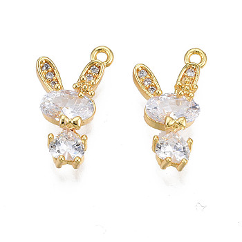 Brass Micro Pave Cubic Zirconia Charms, Real 18K Gold Plated, Rabbit, Clear, 15x8.5x4mm, Hole: 1mm
