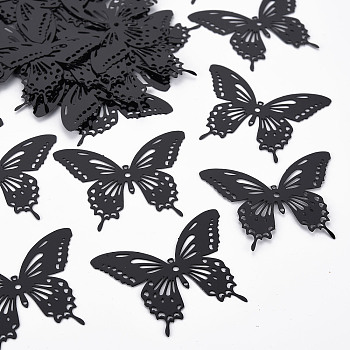 Spray Painted 430 Stainless Steel Filigree Joiners Links, Etched Metal Embellishments, Butterfly, Black, 35x44x0.4mm, Hole: 1~1.6mm