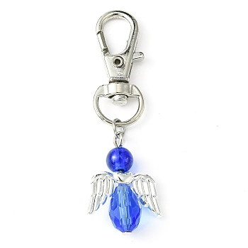Angel Glass Pendant Decoration, with Alloy Swivel Lobster Claw Clasps, Blue, 68mm