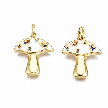 Autumn Theme Brass Micro Pave Cubic Zirconia Enamel Pendants, with Jump Rings, Nickel Free, Mushroom,Real 16K Gold Plated, White, 16.5x14x2mm, Jump Ring: 5x0.8mm, 3mm inner diameter