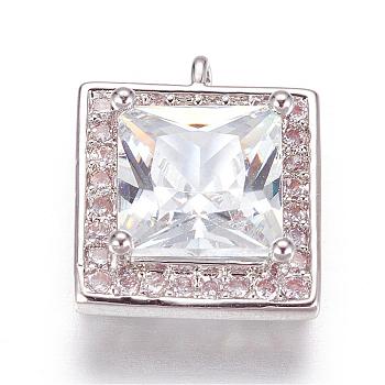Brass Micro Pave Cubic Zirconia Charms, Square, Platinum, 14x12x4.5mm, Hole: 1mm, 1x6mm