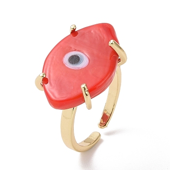 Lampwork Oval with Evil Eye Open Cuff Ring, Real 18K Gold Plated Brass Lucky Jewelry for Women, Lead Free & Cadmium Free, Red, US Size 6 1/4(16.7mm)