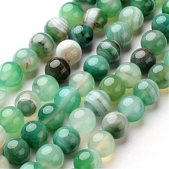 Natural Striped Agate/Banded Agate Beads Strands, Round, Dyed & Heated, Sea Green, 6mm, Hole: 1mm, about 64pcs/strand, 14.5 inch