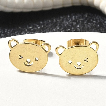 304 Stainless Steel Stud Earrings, Bear, Left and Right, Real 18K Gold Plated, 7.5x9.5mm