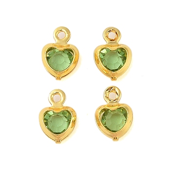 Heart Rack Plating Brass Glass Pendants, Cadmium Free & Lead Free, Long-Lasting Plated, Golden, Spring Green, 7.5x5x2mm, Hole: 1mm